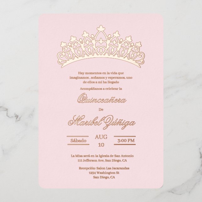 Light pink theme Quinceanera Foil Invitation (Front)