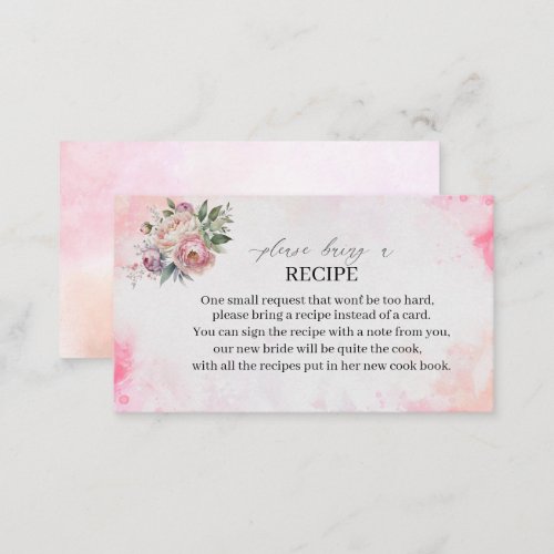 Light Pink Watercolor Flowers  Recipe card bridal 