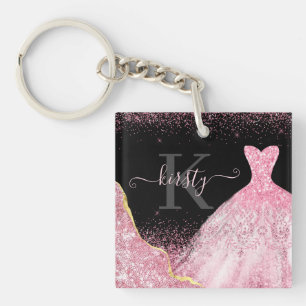 Light Pink Watercolor Glitter Dress Monogram Keychain