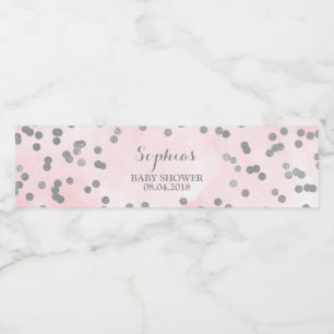 Light Pink Watercolor Silver Confetti Baby Shower Water Bottle Label