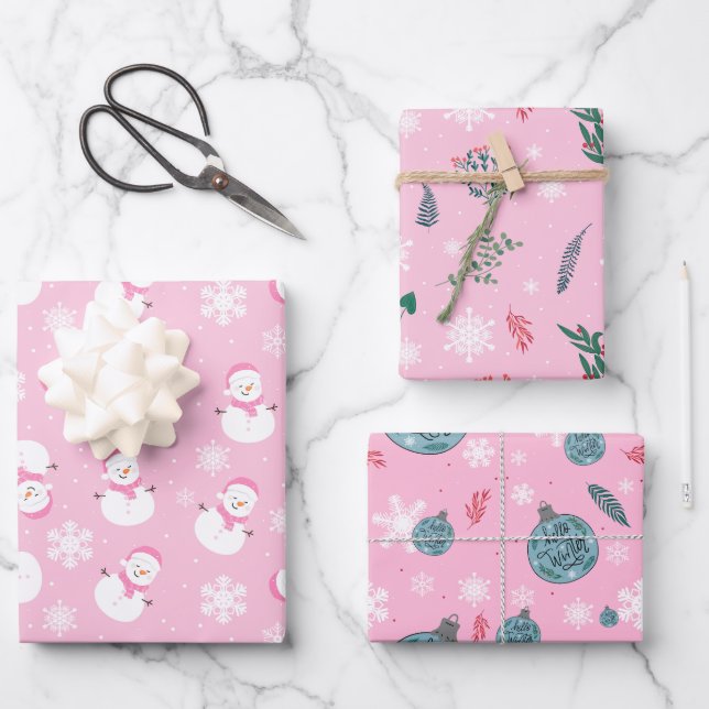 Light Pink & White Cute Winter Snow Wrapping Paper Sheets (Front)