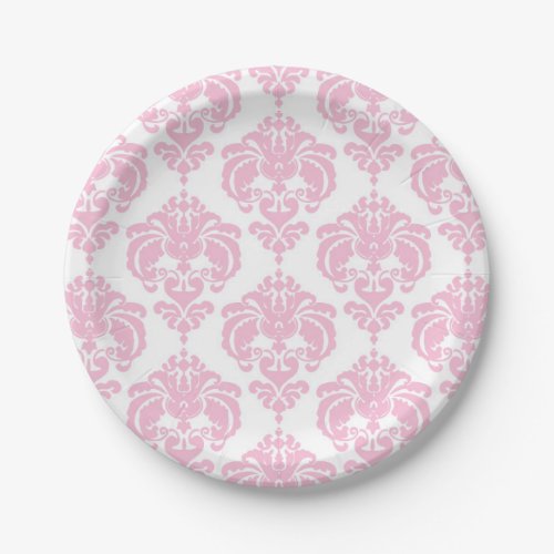 Light Pink  White Damask Chic Elegant Party Paper Plates