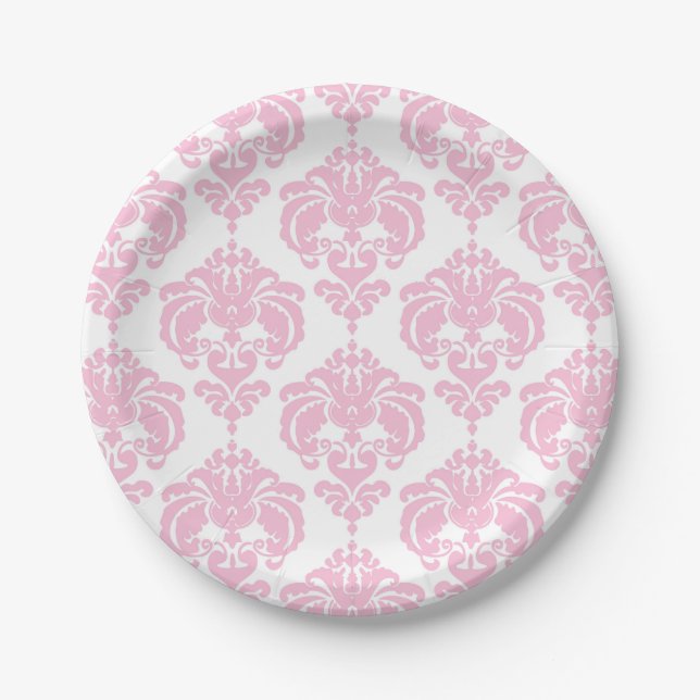 Light Pink & White Damask Chic Elegant Party Paper Plates (Front)