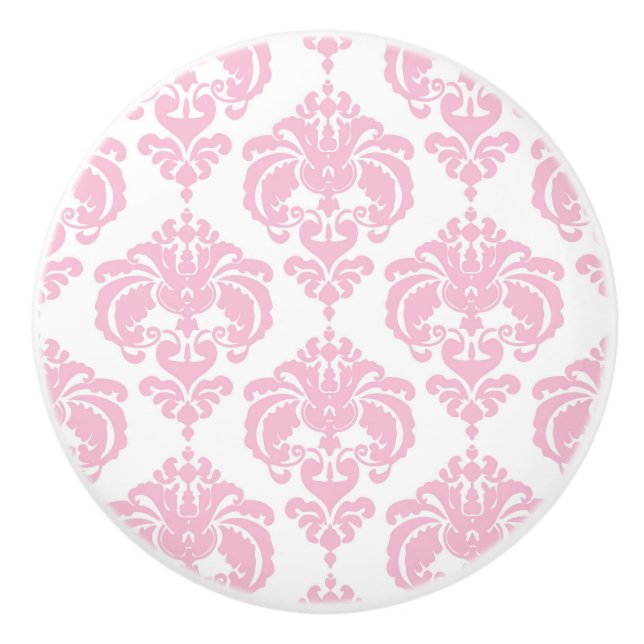 Light Pink & White Damask Elegant Chic Bedroom Ceramic Knob (Front)