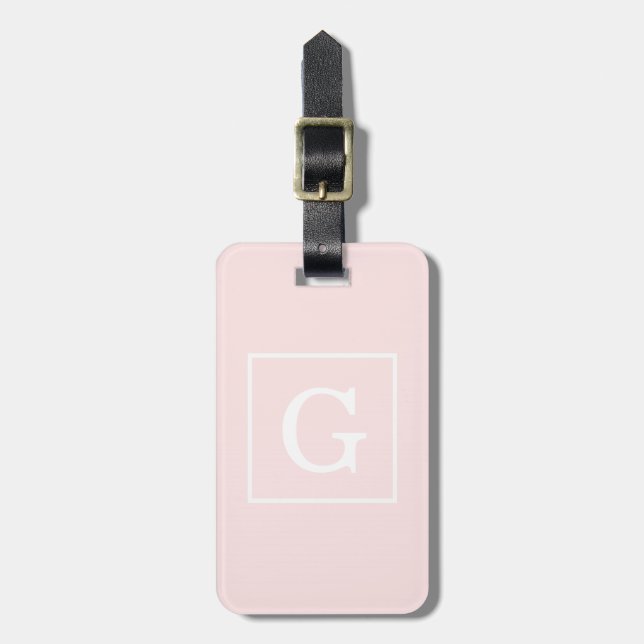 Light Pink White Framed Initial Monogram Luggage Tag (Front Vertical)