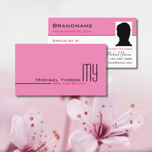 Light Pink White Simple with Monogram and Photo Business Card