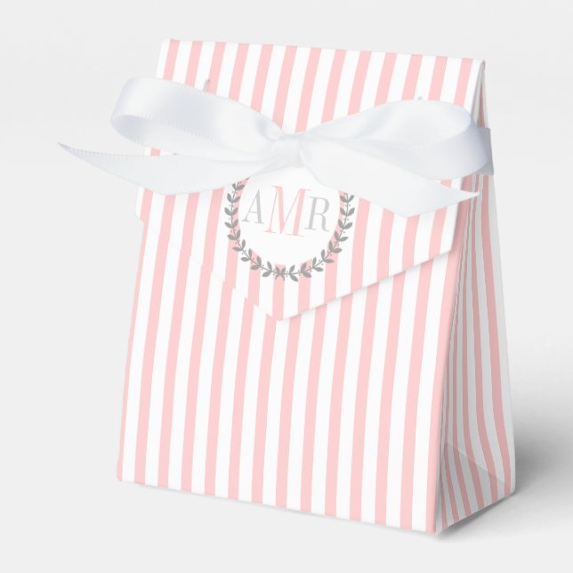 Light pink, white stripes monogram wedding favor boxes (Front Side)