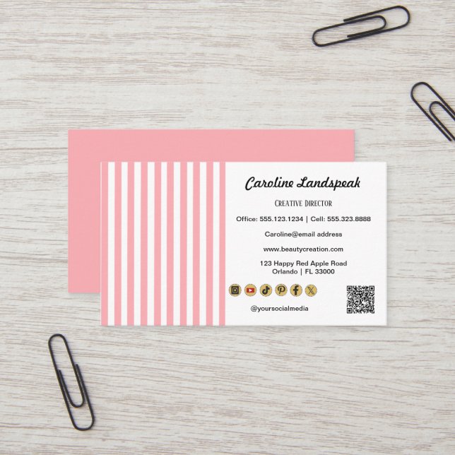 Light Pink White Stripes QR Code Social Media Icon Business Card (Front/Back In Situ)