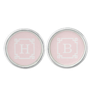 Light Pink Wht Greek Key Frame #2 Initial Monogram Cufflinks