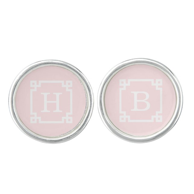 Light Pink Wht Greek Key Frame #2 Initial Monogram Cufflinks (Front)
