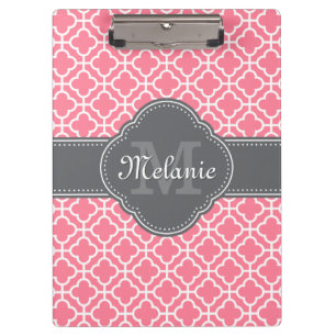 Light Pink Wht Moroccan Pattern Dark Gray Monogram Clipboard