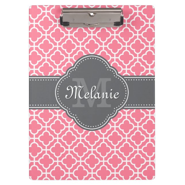 Light Pink Wht Moroccan Pattern Dark Gray Monogram Clipboard (Front)