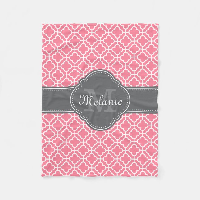 Light Pink Wht Moroccan Pattern Dark Gray Monogram Fleece Blanket (Front)