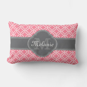 Light Pink Wht Moroccan Pattern Dark Gray Monogram Lumbar Pillow
