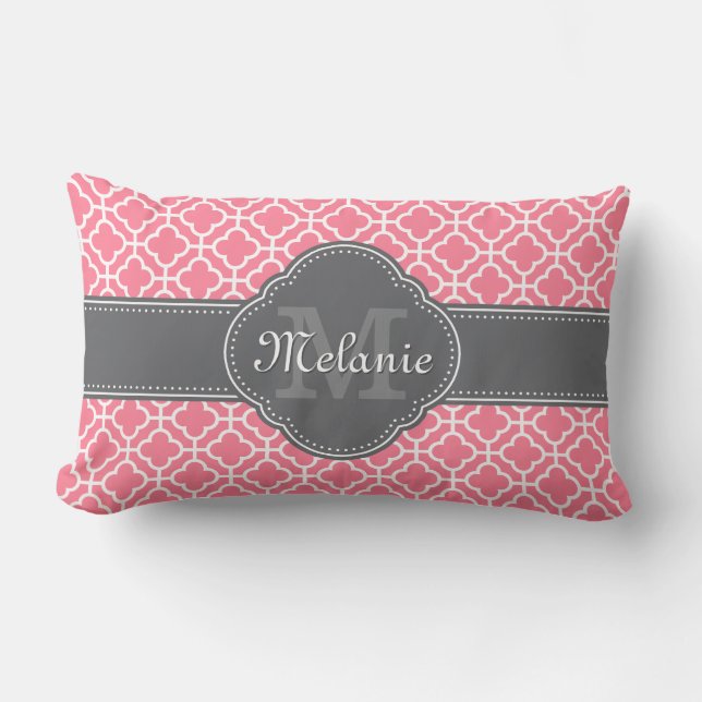 Light Pink Wht Moroccan Pattern Dark Gray Monogram Lumbar Pillow (Front)
