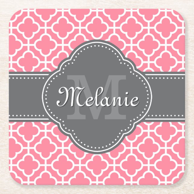 Light Pink Wht Moroccan Pattern Dark Gray Monogram Square Paper Coaster (Front)