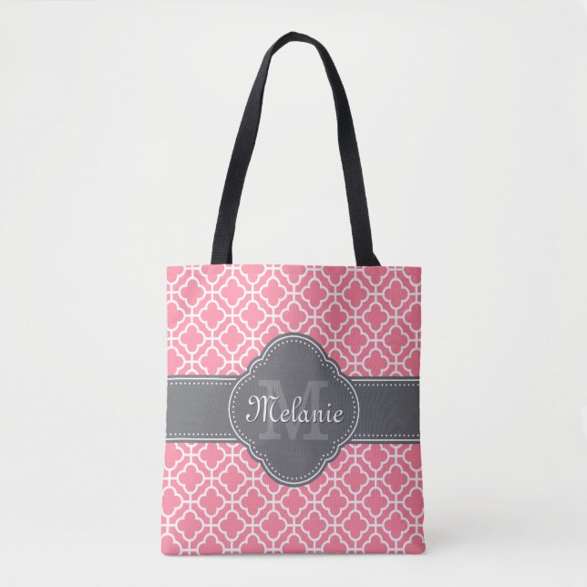 Light Pink Wht Moroccan Pattern Dark Gray Monogram Tote Bag (Front)