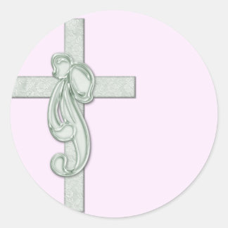 Light Pink with Green Cross/Ribbon Classic Round Sticker