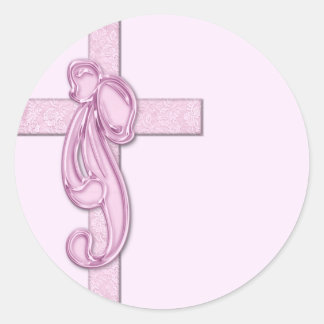 Light Pink with Pink Cross/Ribbon Classic Round Sticker