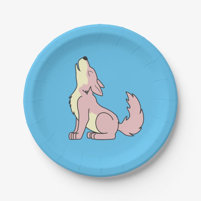 Light Pink Wolf Pup Howling Paper Plates (Front)