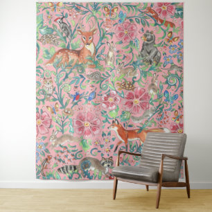 Light Pink Woodland Animal Deer Fox Rabbit Large Tapestry