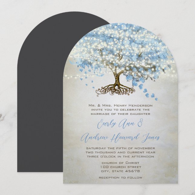 Light Powder Blue Heart Leaf Tree Wedding Invitation (Front/Back)