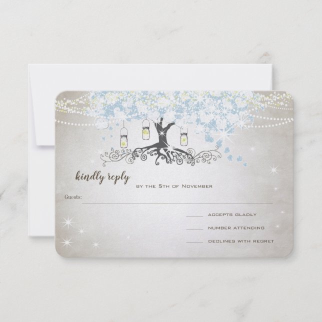 Light Powder Blue Heart Leaf Tree Wedding RSVP (Front)