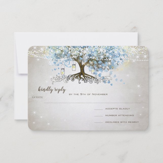 Light Powder Blue Heart Leaf Tree Wedding RSVP (Front)
