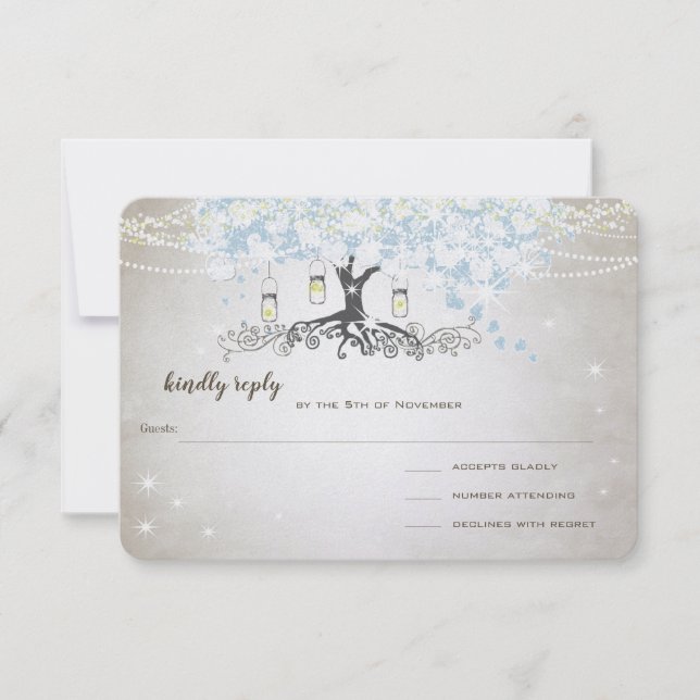 Light Powder Blue Heart Leaf Tree Wedding RSVP Card (Front)