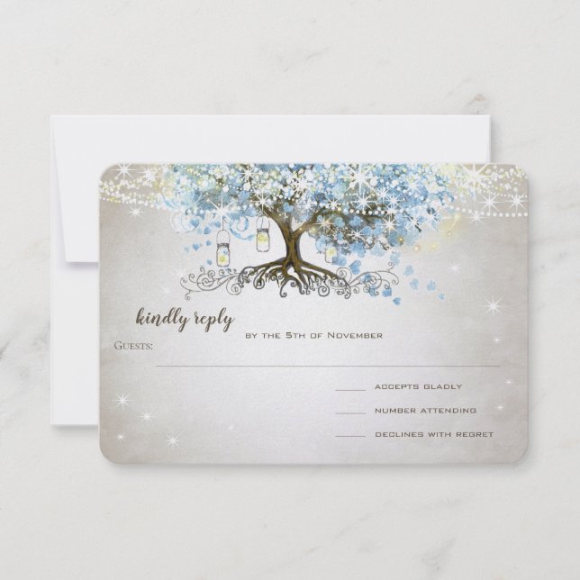 Light Powder Blue Heart Leaf Tree Wedding RSVP Card (Front)