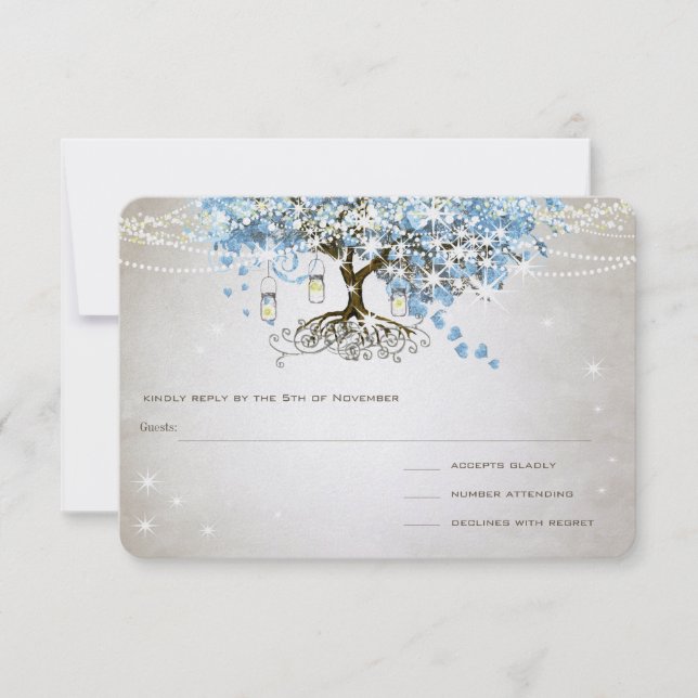Light Powder Blue Heart Leaf Tree Wedding RSVP Card (Front)