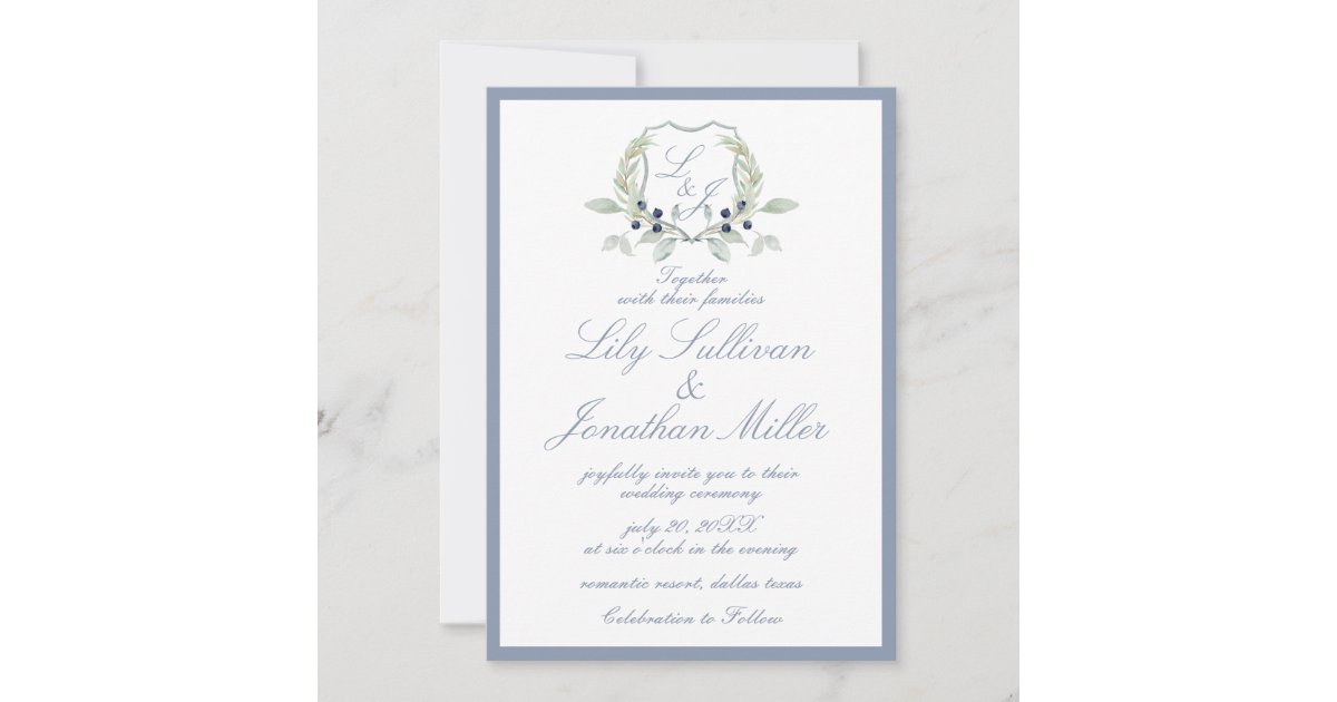 Light Powder Blue Romantic Monogram Crest Wedding Invitation