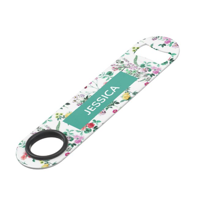 Light Pretty Summer Floral Personalised Bar Key (Front Angled)