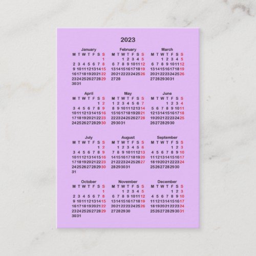 Light Purple 2023 Monday Start Mini_Calendar Business Card