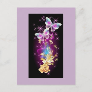 Light Purple and Blue Butterfly with Gold Rose Postcard