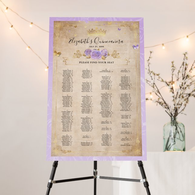 Light Purple and Gold Alphabetical Seating Chart Foam Board (In Situ (Stand))