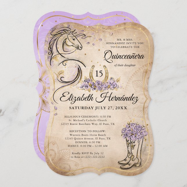 Light Purple and Gold Quince Rustic Horse Birthday Invitation (Front/Back)