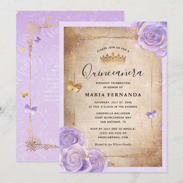 Light Purple and Gold Rose Elegant Quinceanera Invitation (Front/Back)