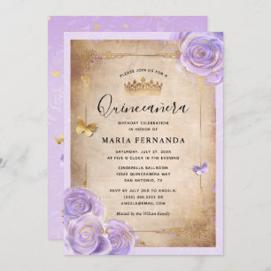 Light Purple and Gold Rose Elegant Quinceanera Invitation