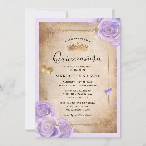 Light Purple and Gold Rose Elegant Quinceanera Invitation