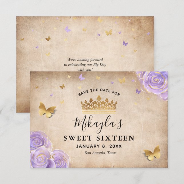 Light Purple and Gold Rose Parchment Elegant Save The Date (Front/Back)
