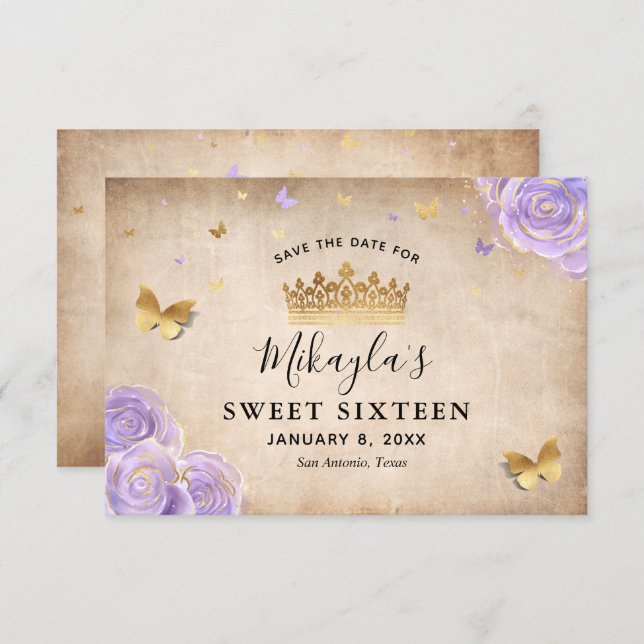 Light Purple and Gold Rose Parchment Elegant Save The Date (Front/Back)