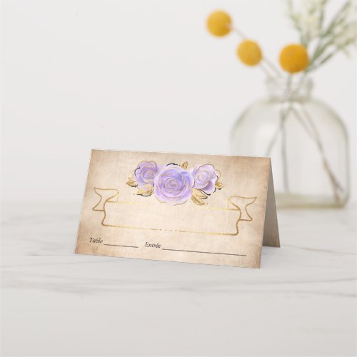 Light Purple and Gold Rose Parchment Folded Table Place Card