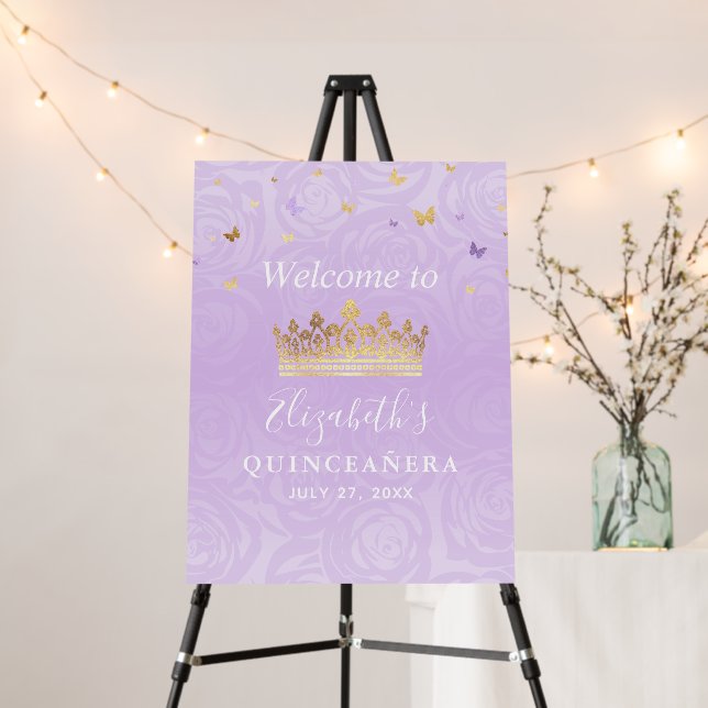 Light Purple and Gold Roses Elegant Welcome Party Foam Board (In Situ (Stand))