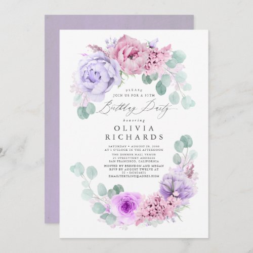 Light Purple and Pink Flowers Birthday Party Invitation