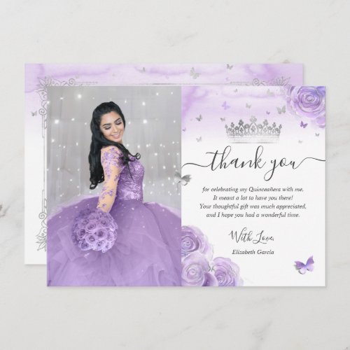 Light Purple and Silver Quinceaera Photo Birthday Thank You Card