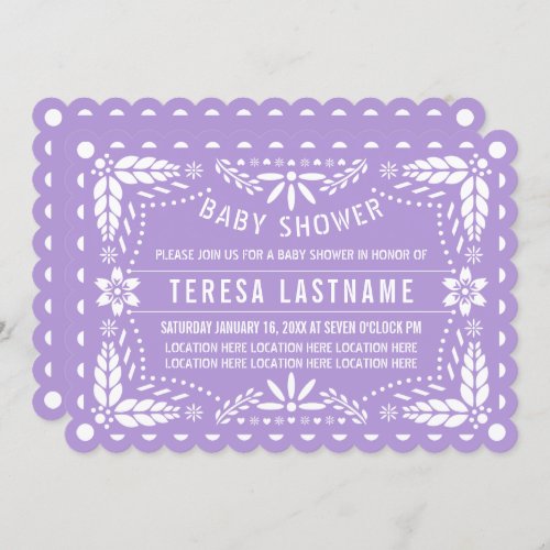 Light purple and white papel picado baby shower invitation