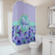 Light Purple &amp; Aqua Monogram + Name Mermaid Scales Shower Curtain