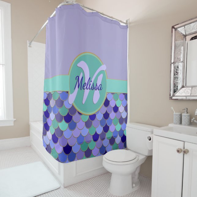 Light Purple & Aqua Monogram + Name Mermaid Scales Shower Curtain (In Situ)