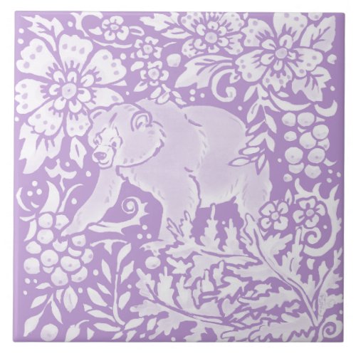 Light Purple Bear Floral Woodland Nature Ceramic Tile